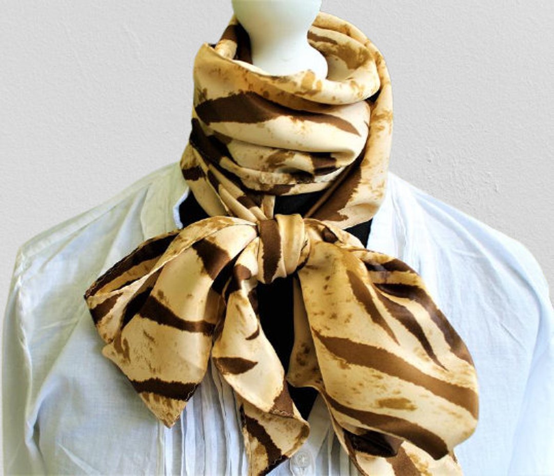 Silk Yellow Brown Long Scarf Vintage Wild Print Gift