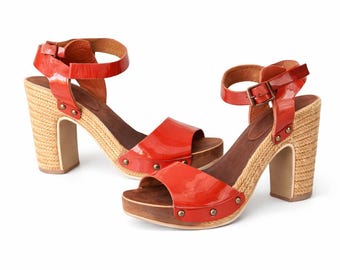 Vintage sandals heels brown summer shoes open women mules clogs Size 40 EU/ 9 US/ 6,5 UK