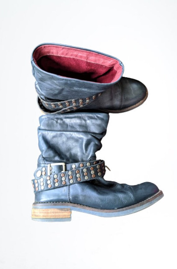 Blue Grey Boots Women Vintage Red Leather Rivets Women Size 38 EU/ 5 UK/ 7.5 US