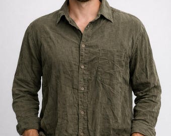 Camisa de terciopelo verde caqui con botones para hombre, unisex, vintage, tallas L-XL 42-44 EU