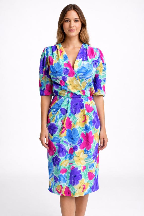 Dress vintage blue floral women pink yellow Size S