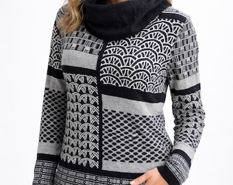 Czarno-biały sweter vintage damski zdobiony rozmiar M L