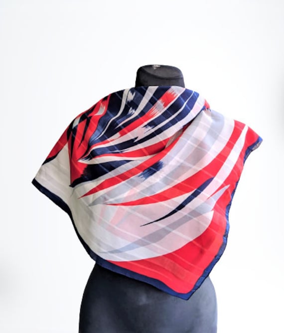 Vintage scarf abstract blue red white 70's - image 1