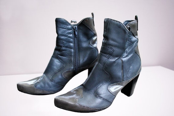 Vintage Grey Heels Shoes Ankle Boots Leather Women Cowboy Lb 