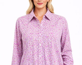 Pink floral buttons down shirts women blouse long sleeves cotton top vtg Size M L