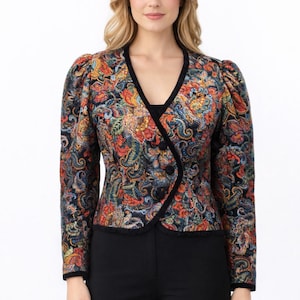 Jacke Vintage Frau dunkel Orient Ornamente lange Ärmel 80' Schulter Blazer