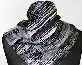 Grey silk small black scarf abstract gift for her him
