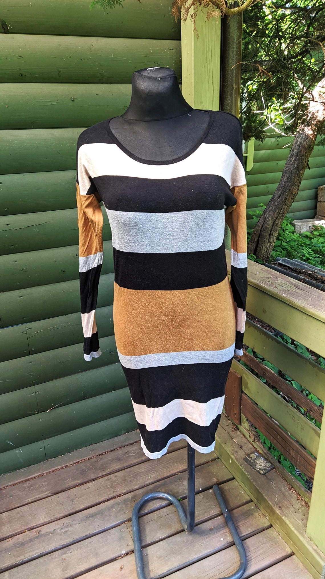Vintage dress knitted women mustard grey black white pencil Size S, foto 3 di 5