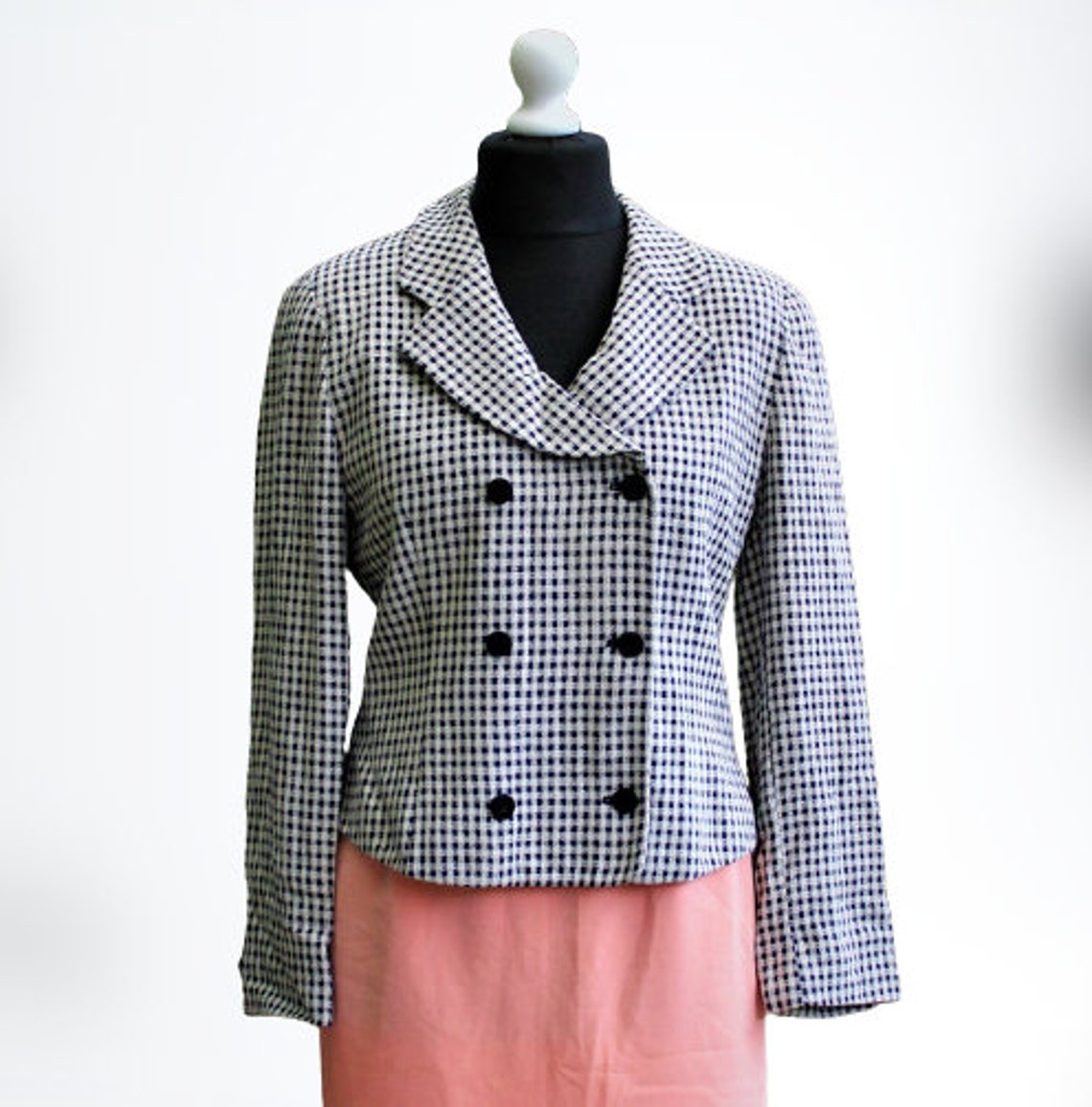 Jacket female plaid white blue double closure buttons long sleeves vintage classic 90s cotton summer blazer, Foto 2 von 5