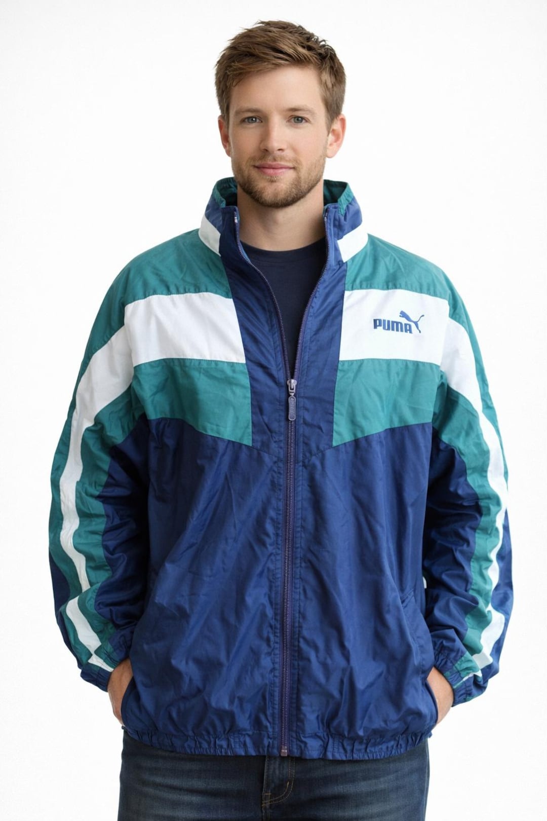 Windbreaker PUMA Sport Jacket Vintage 80' Blue Green White Men XL