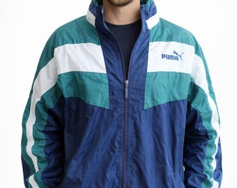 Windbreaker PUMA Sport Jacket Vintage 80' Blue Green White Men XL