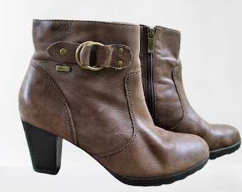 Brown ankle boots shoes vintage leather medium heels women Size 40 EU/ 6.5 UK/ 9 US