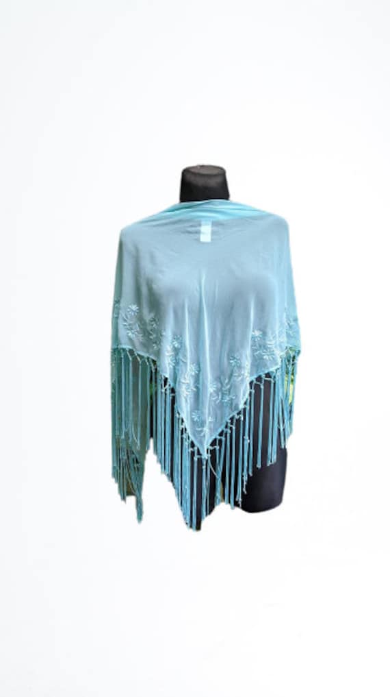 Blue triangle scarf with fringes women summer romantic gift for her