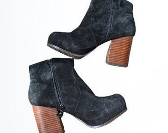 Vintage ankle boots black suede leather platforms women brown Roots Size 41 EU/ 9.5 US/ 7 UK