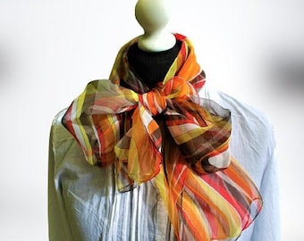 Vintage chiffon scarf orange brown yellow transparent abstract gift for her
