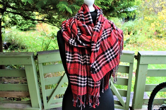 Vintage red white black scarf plaid square with f… - image 2