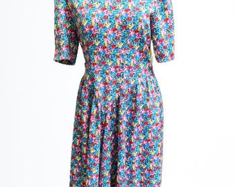 Vintage blue dress midi floral women summer Size M