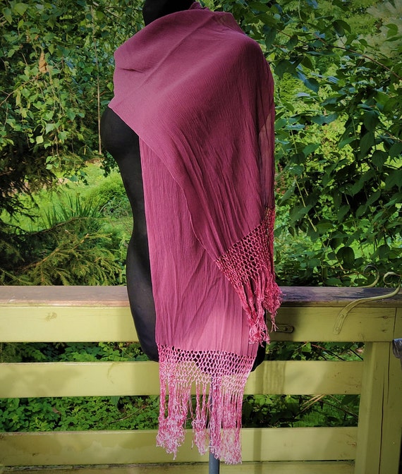 Vintage Pink scarf with fringes dark ash rose pur… - image 2