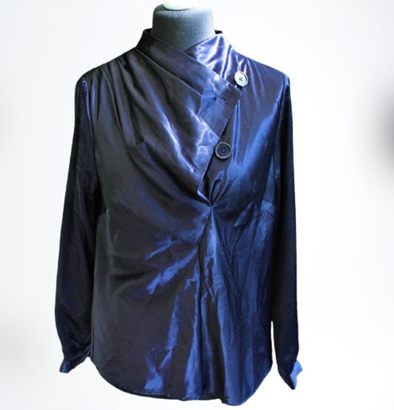 Dark Blue Vintage Satin Blouse Top 
