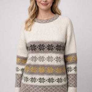 Suéter vintage tejido a mano nuevo blanco gris islandés amarillo verde lana alpaca cálido invierno folklore suéter para mujer talla M L