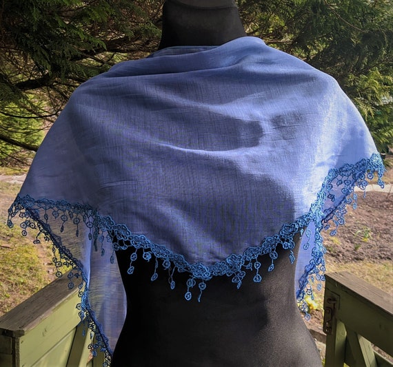 Vintage blue triangle scarf with fringes women gi… - image 3