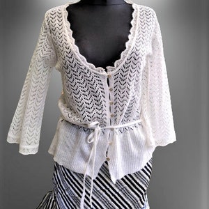 Vintage white lace knitted sweater women cardigan Size M L