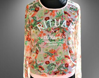 Vintage blouse floral pink green women chiffon top Size L