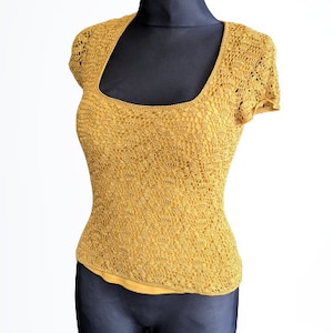 Blusa all&#39;uncinetto giallo senape vintage donna viscosa Taglia S