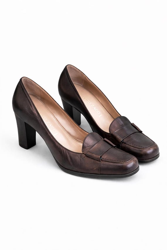 Shoes Brown Leather Pumps Bronze Women Vintage Female High Heel Brown Alberto Zago Milano Size 39,5 EU, 6 UK, 8,5 US
