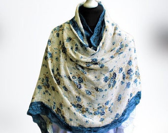 White blue vintage cotton scarf floral summer women gift for her