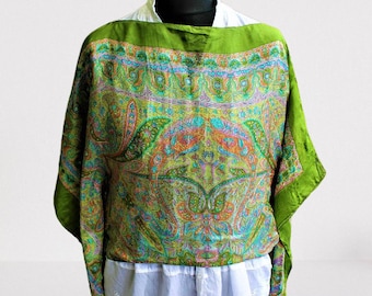Green silk scarf blouse women summer Size S gift for her