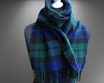 Blue green plaid scarf wool unisex with fringes gift
