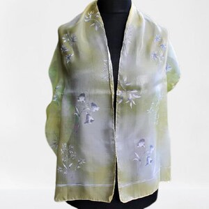 Vintage cream light yellow grey scarf schiffon women floral accessory gift for her