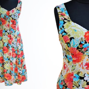 Floral pattern summer women flower orange blue vintage dress size M