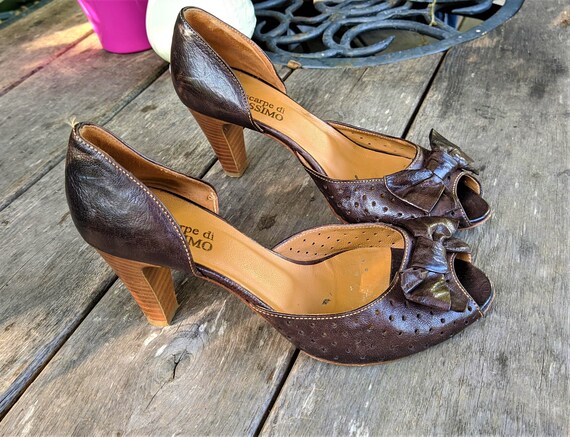 Bruine pumps open tenen pin up leren schoenen hakken vrouwen - Etsy  Nederland