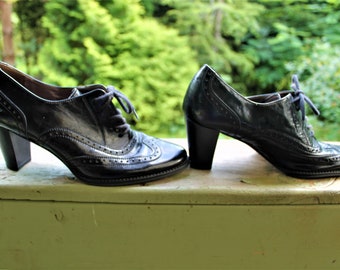 Black Shoes Women Vintage Heels Leather Pumps Oxford Lacquer Gabor Size 4 UK 37 EU 6.5 US 23.8 Cm 9.37 Inches Etsy Hong Kong