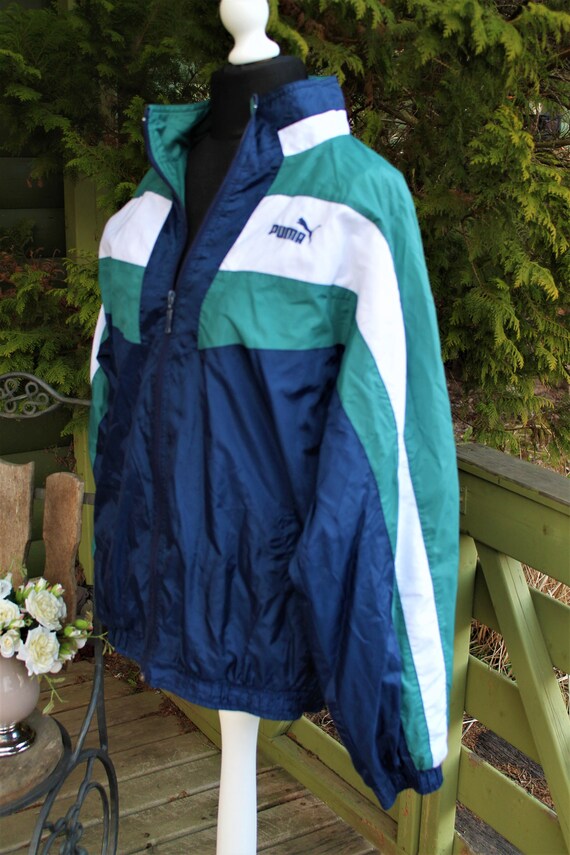 Windbreaker PUMA Sport Jacket Vintage 80 Blue Green White Men XL