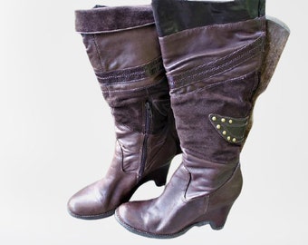 Vintage dark brown suede leather knee boots platforms heels shoes women Size 38 EU/ 7.5 US/ 5 UK