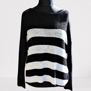 Black white striped vintage sweater women pullover Size L gift for her