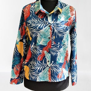 Vintage blouse shirt womrn green red yellow blue floral leaves long sleeves top handmade Size S M