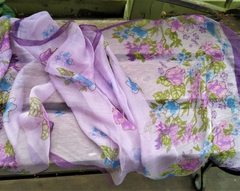 Pink lilac purple chiffon scarf floral green women summer silk gift for her