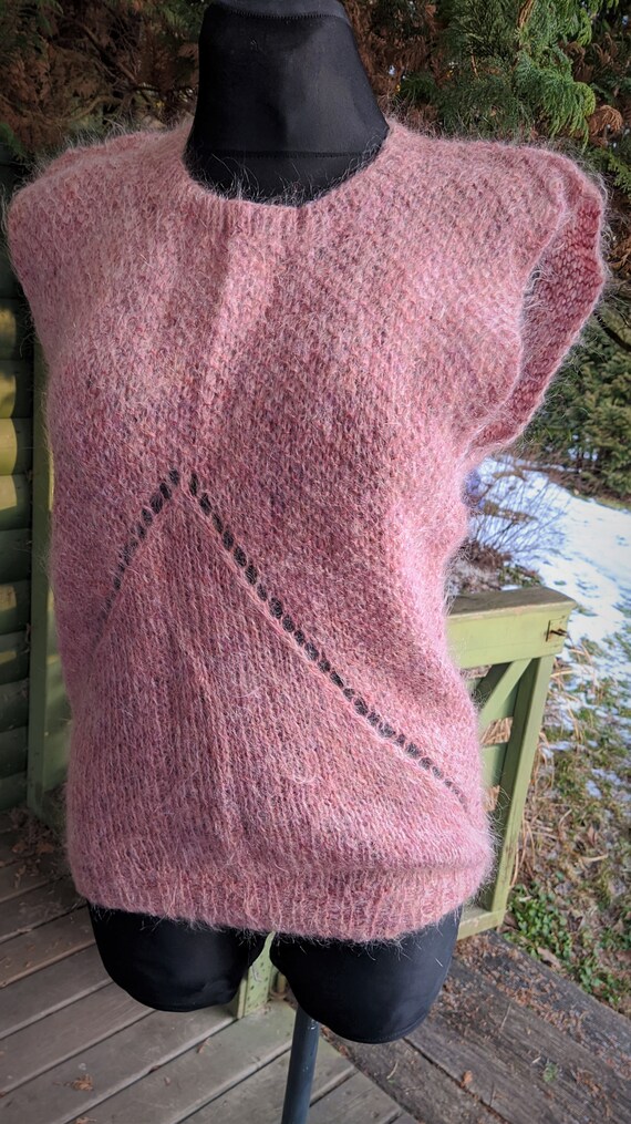 Cardigan Vintage Tricoté Main En Mohair - Couleur Rose Vif/atomique - Taille S - Ouvert - État Très Bon