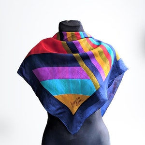 Vintage silk scarf thin fine blue pink red geometric Leopold De Carell yellow unisex Christmas gift