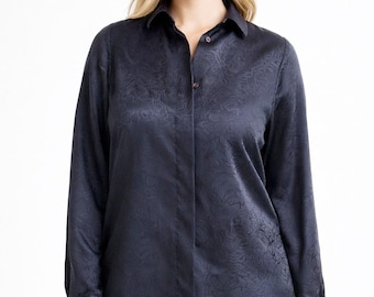 Black vintage blouse shirt button down 1980s women long sleeves gift for her Size S 34