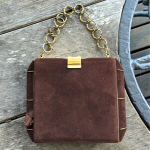Bolso marrón mujer vintage retro metal ante piel cosmético bolso espejo bronce 1950 caja bolso