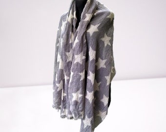 Vintage wool scarf grey stars white wrap shawl unisex women warm Christmas gift