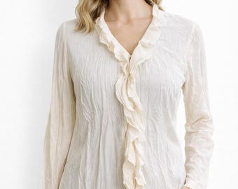 White beige vintage blouse shirt women long sleeves top gift for her Size M L