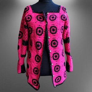 Pink black crochet sweater cardigan women granny handmade wool vintage new boho upcycled jacket Gift for her Size M L
