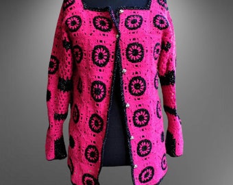 Pink black crochet sweater cardigan women granny handmade wool vintage new boho upcycled jacket Gift for her Size M L