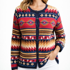 Vintage crochet cardigan sweater women red PENDLETON yellow blue country cotton ornamented jacket Size M